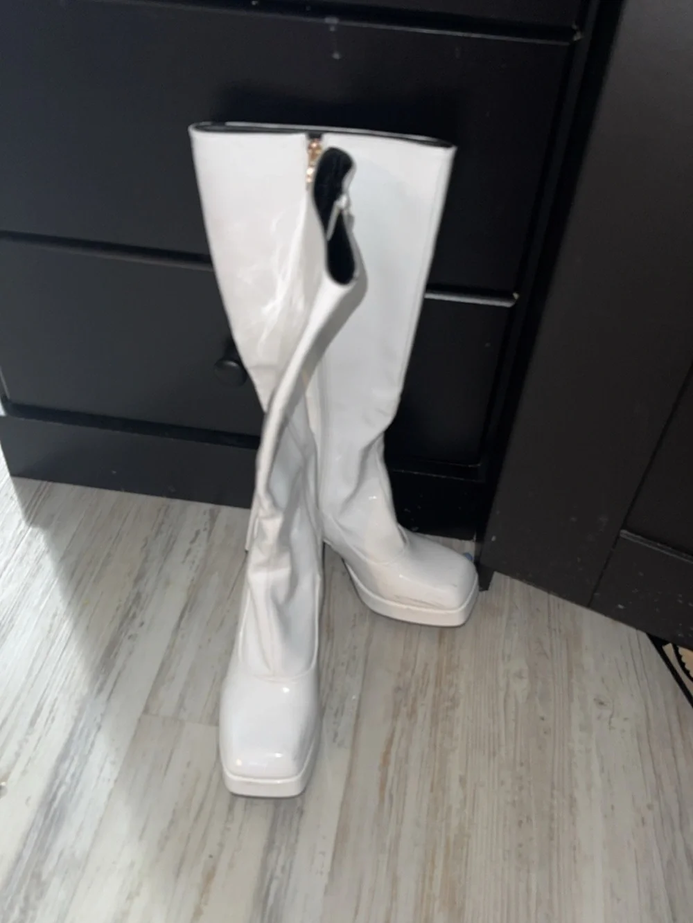 White Patent Knee-High Platform Boots - Women's